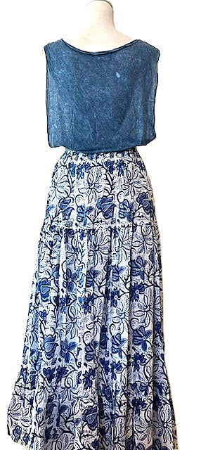 Skirt: Long Cotton Tiered Skirt is a must in your wardrobe (Blue & White)