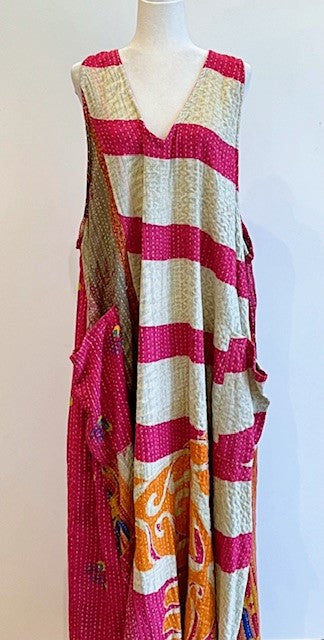 Midi Length Kantha Cotton Jumper or Sleeveless Dress (Fuschia)