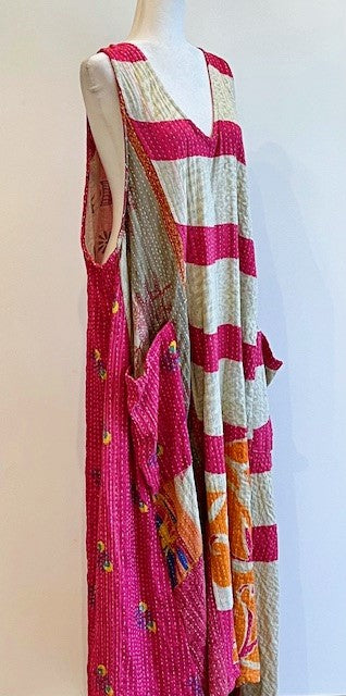 Midi Length Kantha Cotton Jumper or Sleeveless Dress (Fuschia)