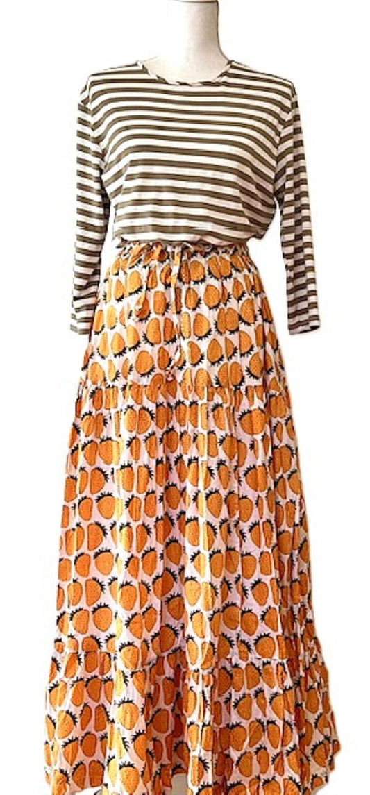 Skirt: Long Cotton Tiered Skirt is a must in your wardrobe (Orange Strawberries)