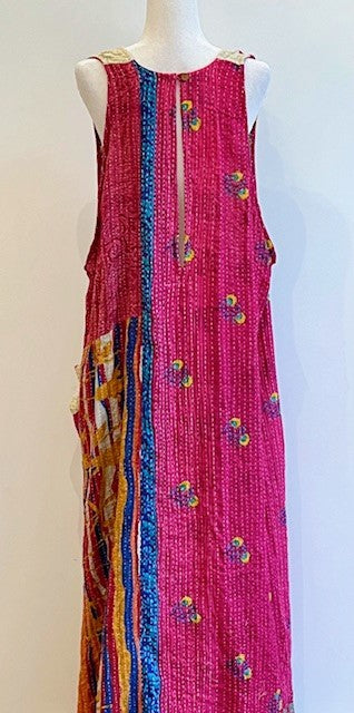 Midi Length Kantha Cotton Jumper or Sleeveless Dress (Fuschia)