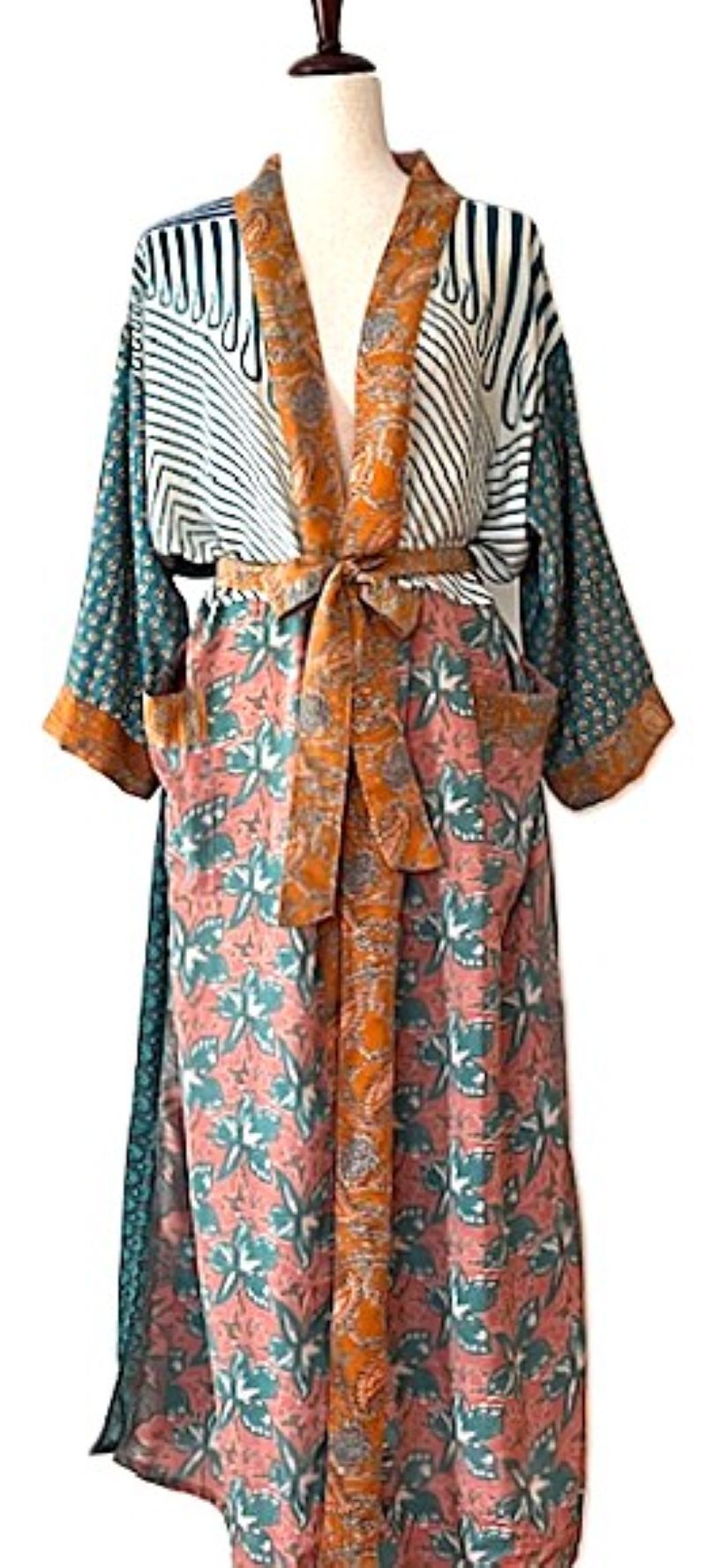 Luxurious Rich Silk Long Kimono Duster. Mixed Print. (Stripe and Floral)