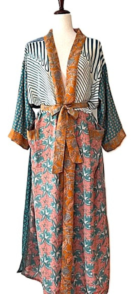 Luxurious Rich Silk Long Kimono Duster. Mixed Print. (Stripe and Floral)