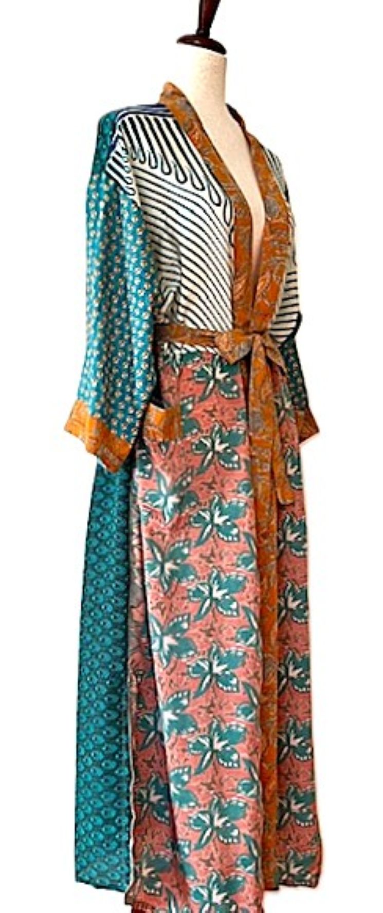 Luxurious Rich Silk Long Kimono Duster. Mixed Print. (Stripe and Floral)