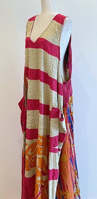 Midi Length Kantha Cotton Jumper or Sleeveless Dress (Fuschia)