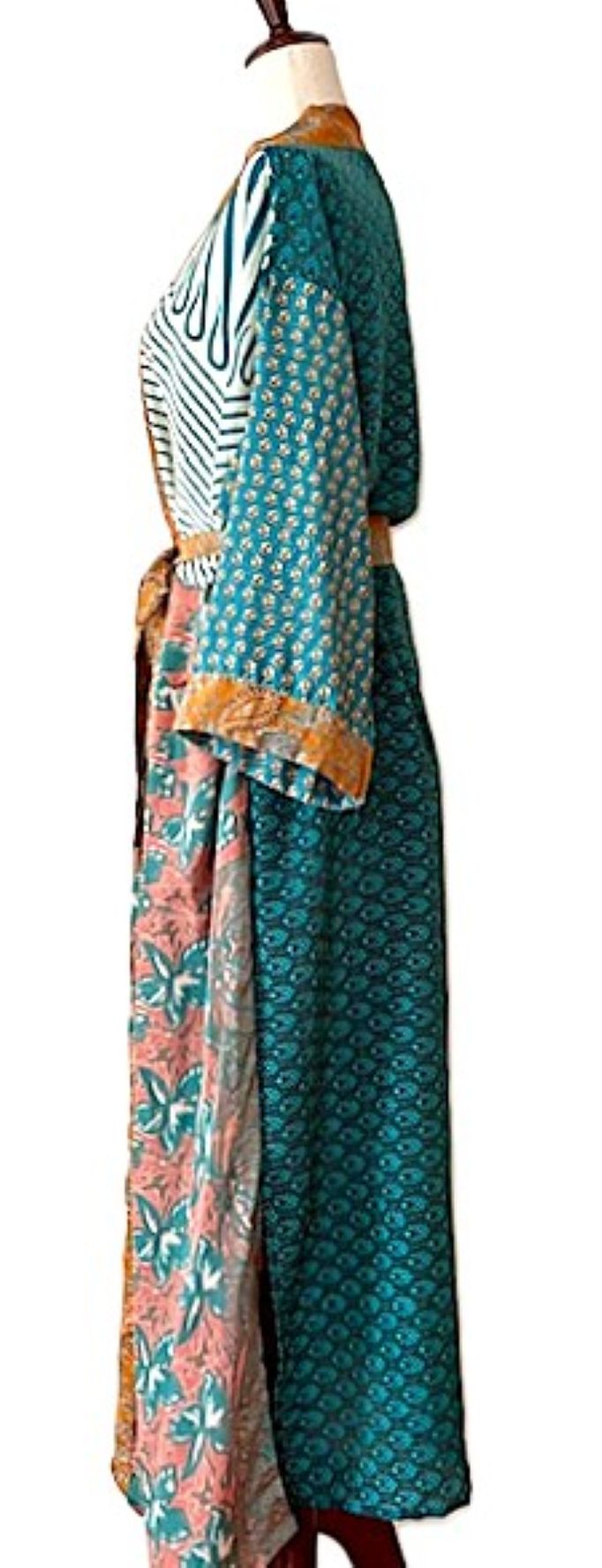 Luxurious Rich Silk Long Kimono Duster. Mixed Print. (Stripe and Floral)