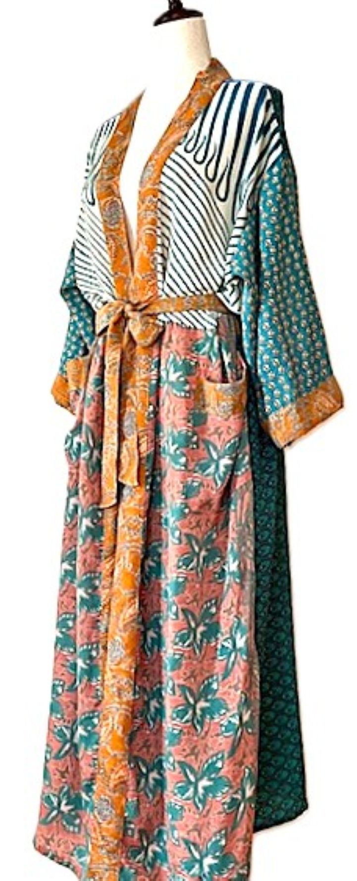 Luxurious Rich Silk Long Kimono Duster. Mixed Print. (Stripe and Floral)