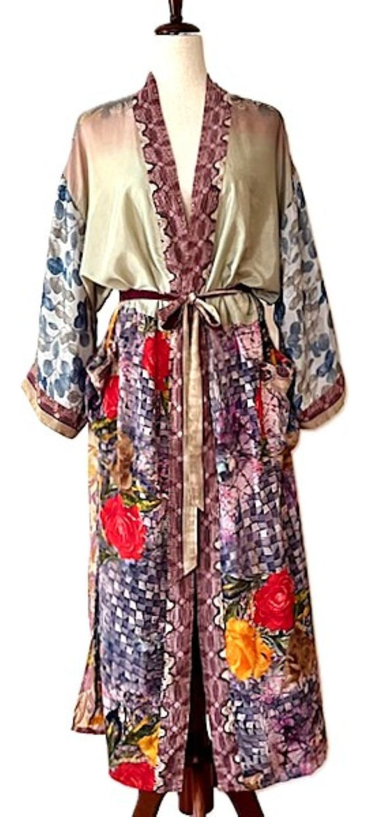 Luxurious Rich Silk Long Kimono Duster. Glamorous (Copper)