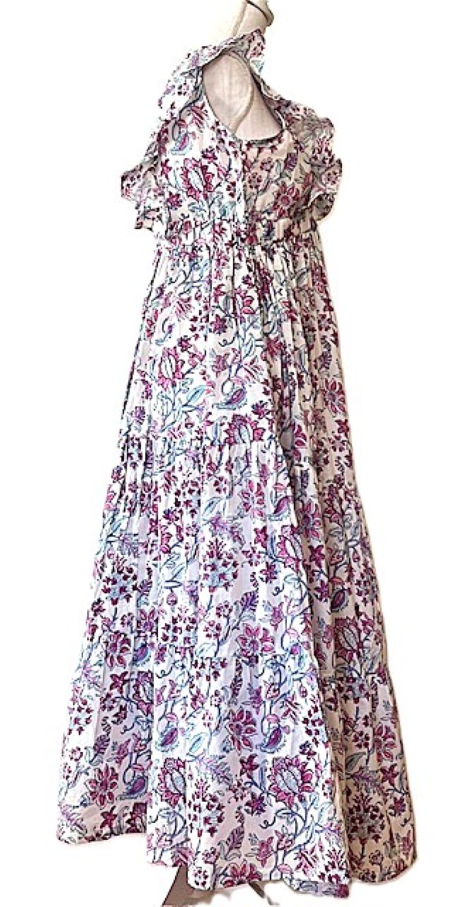 Handblock Printed Maxi Dress With Ruffle Collar Is Elegant. (Purple)