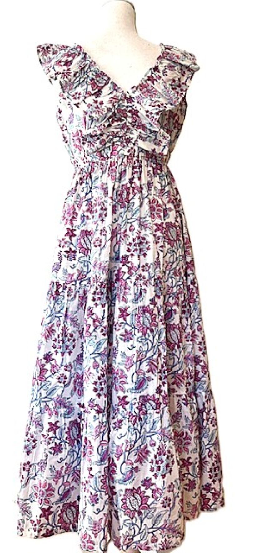 Handblock Printed Maxi Dress With Ruffle Collar Is Elegant. (Purple)
