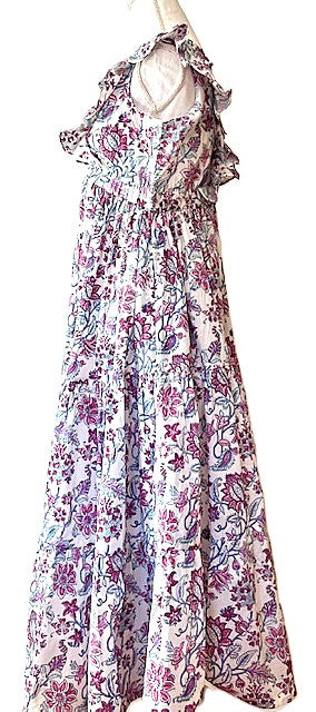 Handblock Printed Maxi Dress With Ruffle Collar Is Elegant. (Purple)
