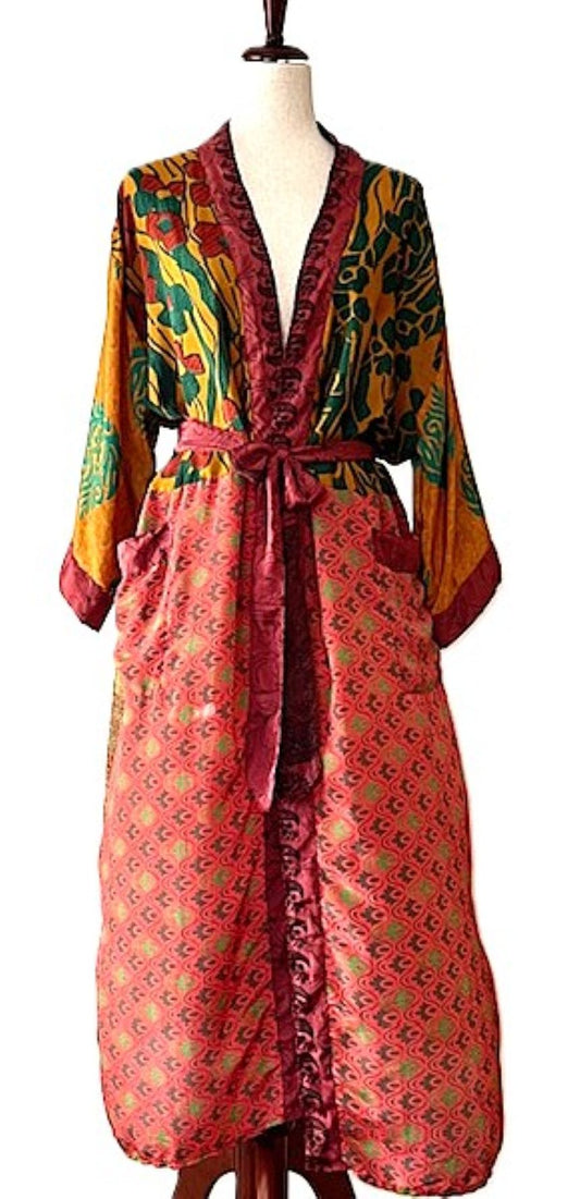 Luxurious Rich Silk Long Kimono Duster. Glamorous (Emerald)