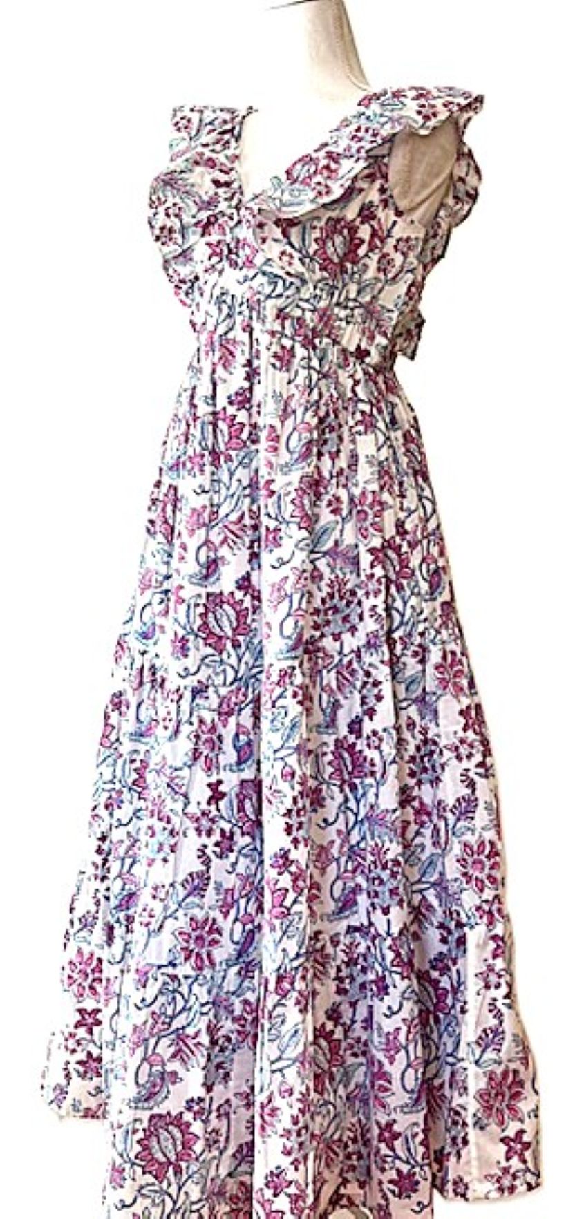Handblock Printed Maxi Dress With Ruffle Collar Is Elegant. (Purple)
