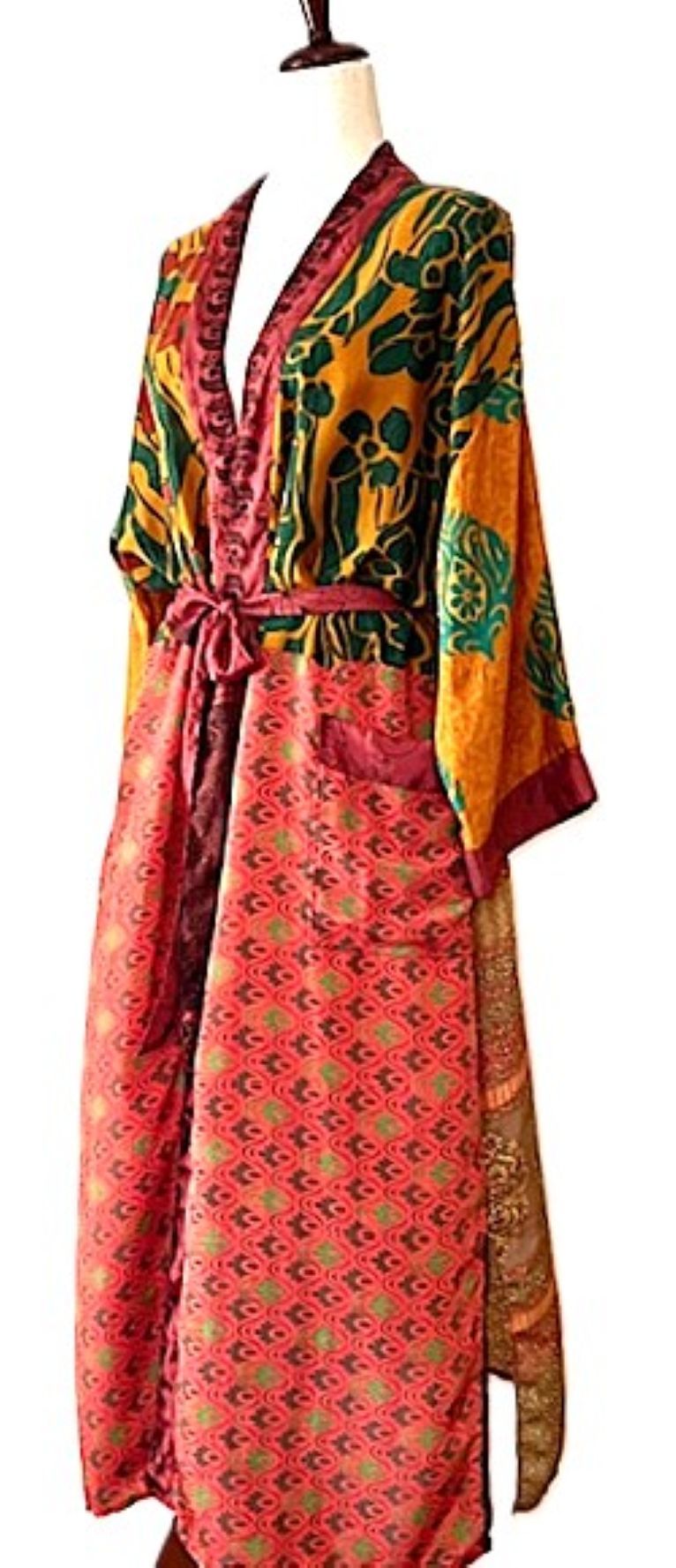 Luxurious Rich Silk Long Kimono Duster. Glamorous (Emerald)