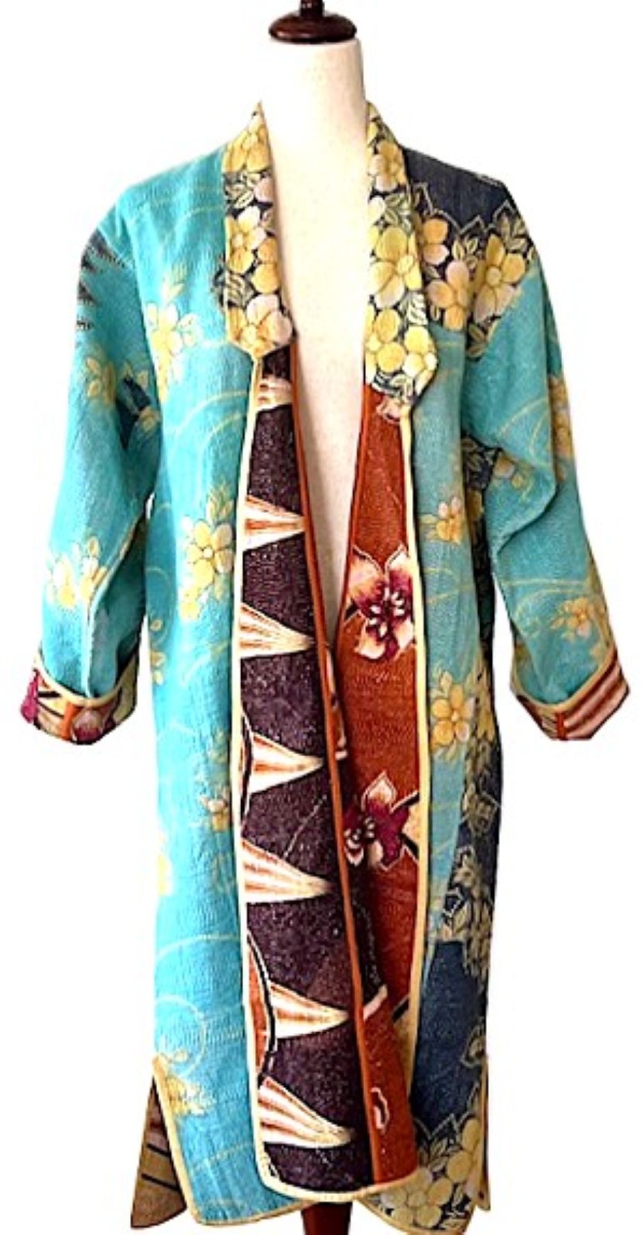 Jacket - Wearable Art,  Kantha Embroidered, Fully Reversible Boho Kimono: Handmade (Blue)