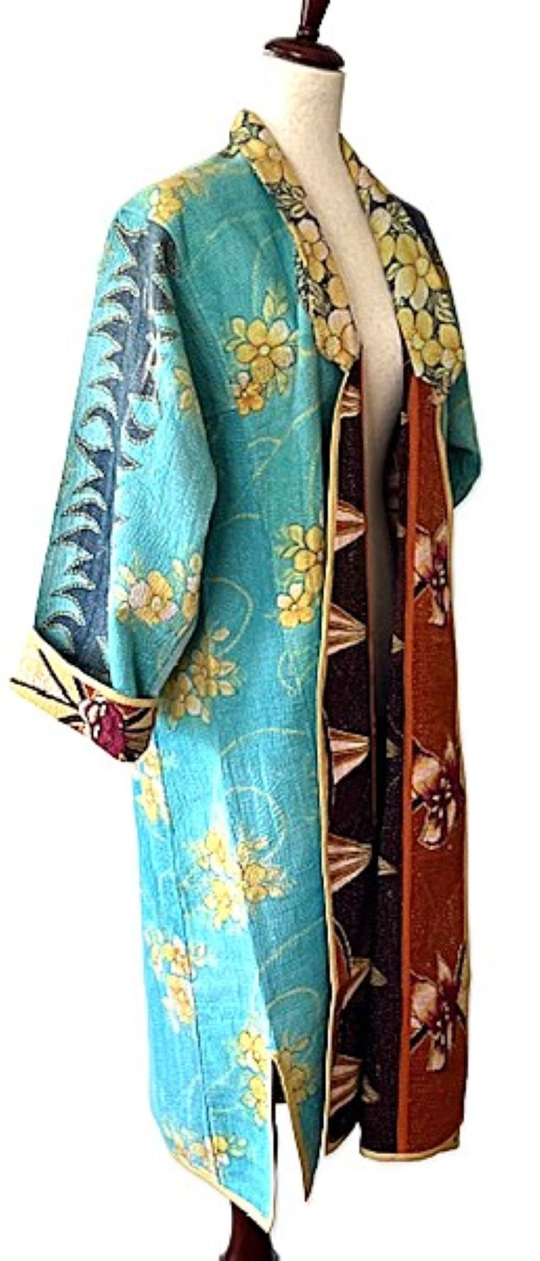 Jacket - Wearable Art,  Kantha Embroidered, Fully Reversible Boho Kimono: Handmade (Blue)