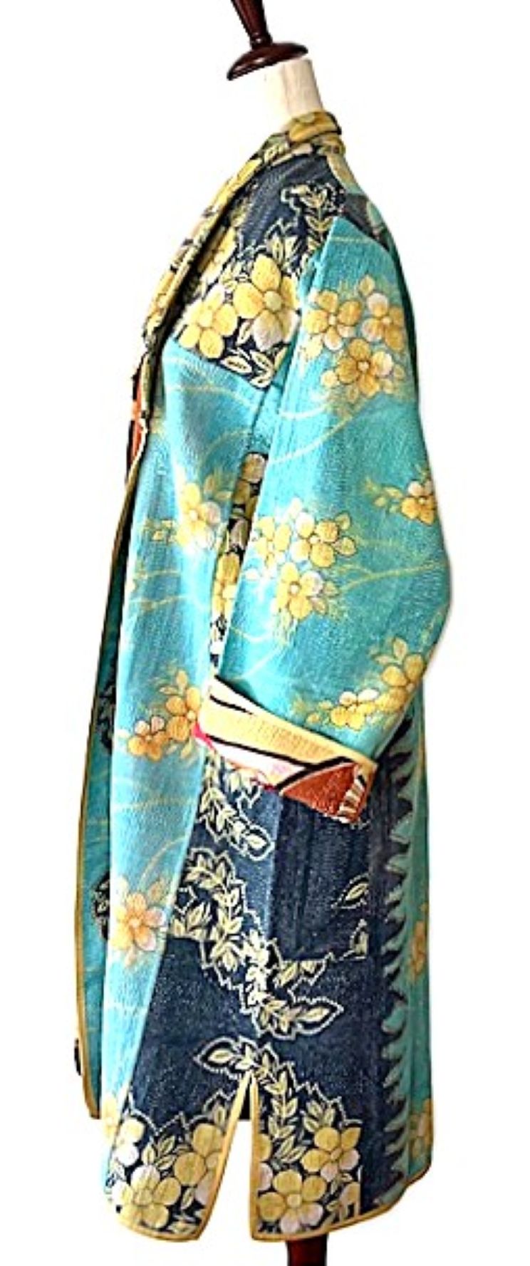 Jacket - Wearable Art,  Kantha Embroidered, Fully Reversible Boho Kimono: Handmade (Blue)