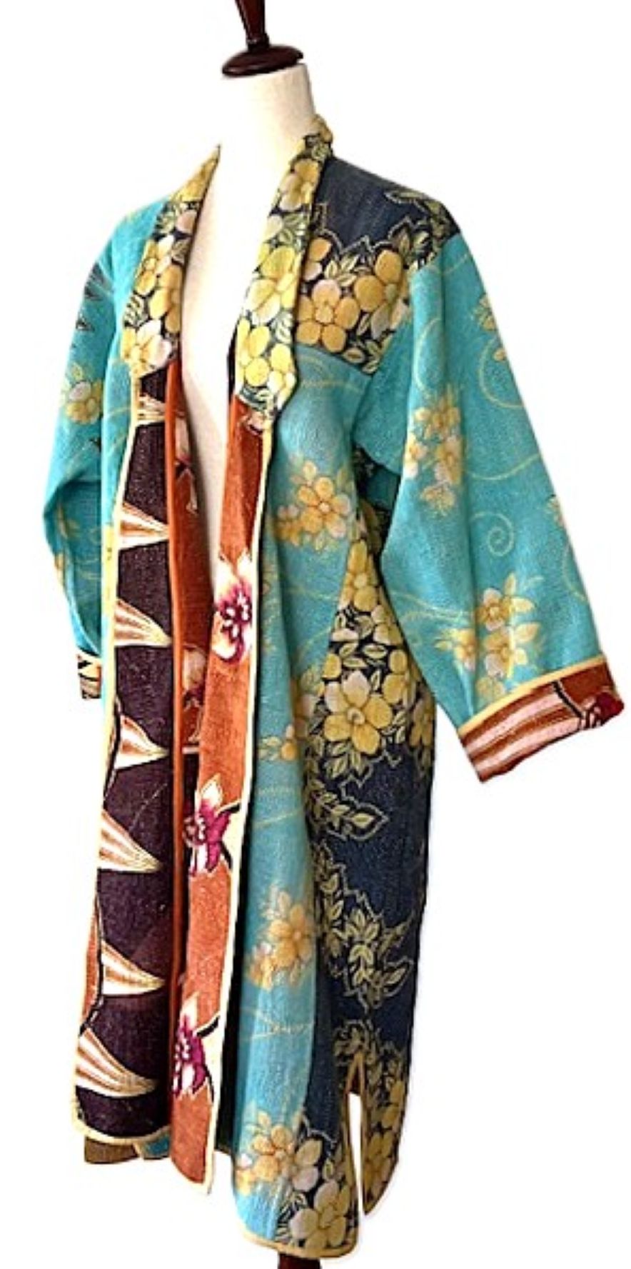 Jacket - Wearable Art,  Kantha Embroidered, Fully Reversible Boho Kimono: Handmade (Blue)