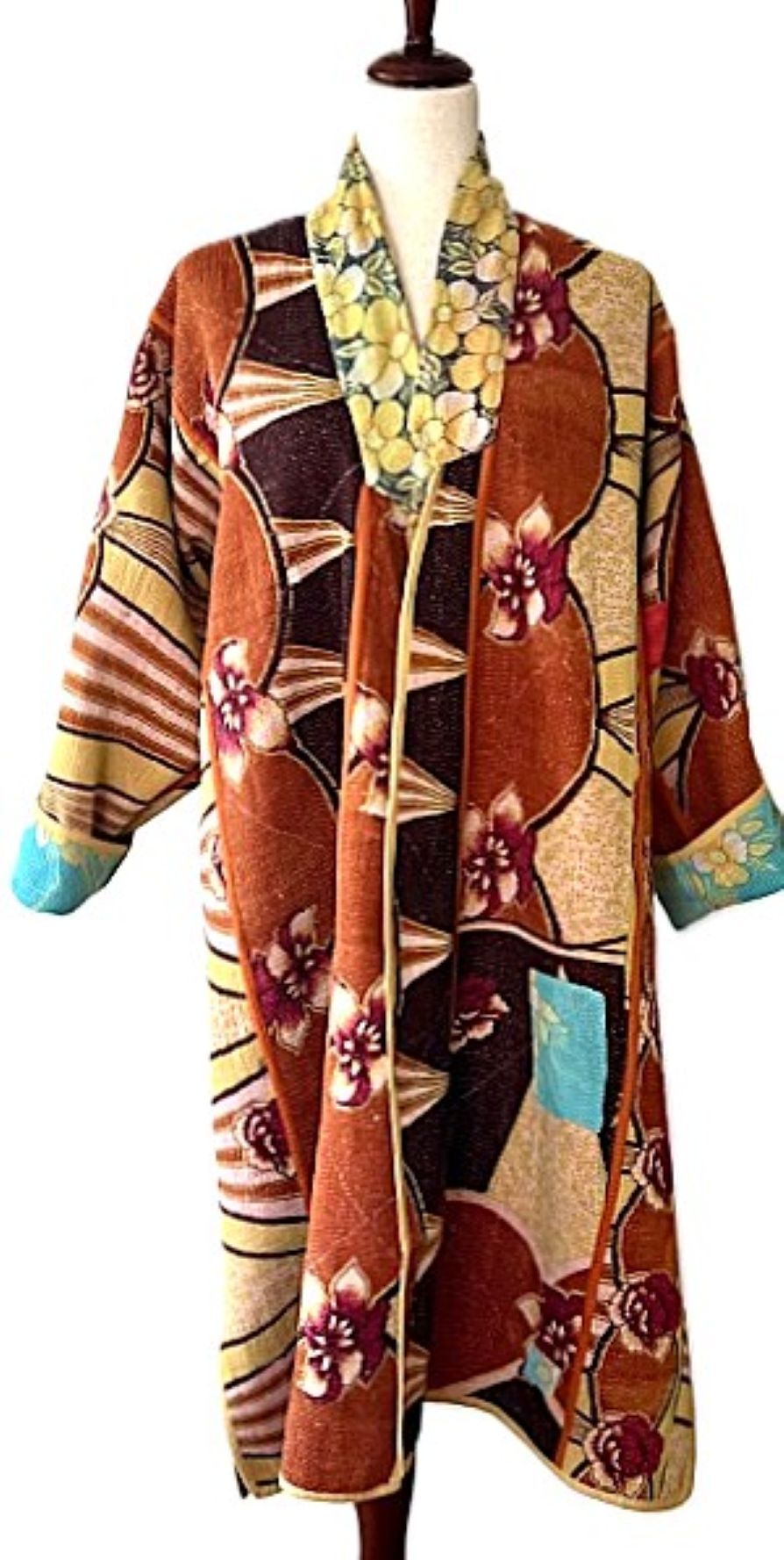Jacket - Wearable Art,  Kantha Embroidered, Fully Reversible Boho Kimono: Handmade (Blue)