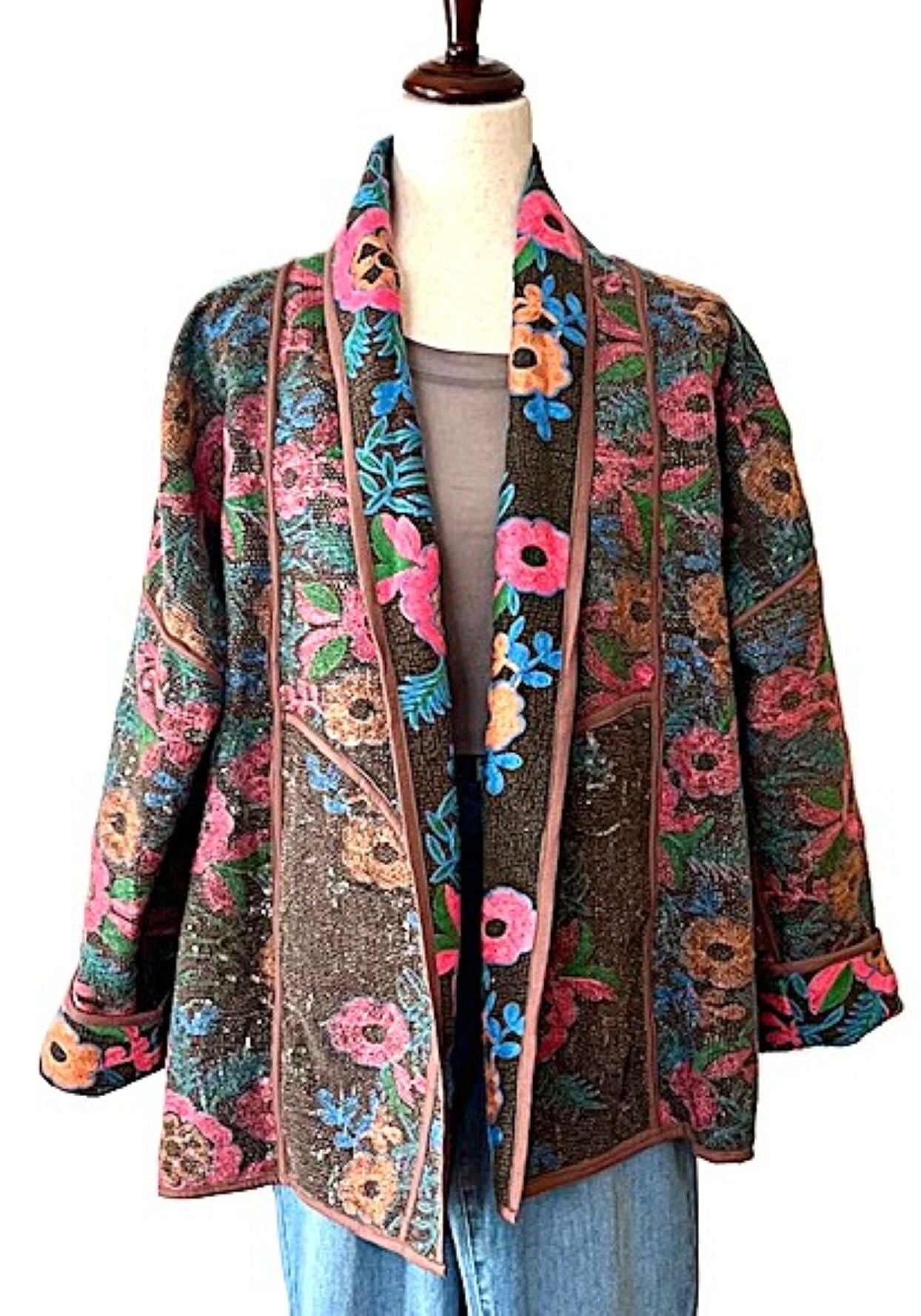 Wearable Art, Contemporary Styled, Fully Hand Embroidered Floral Jacket. Exceptional.
