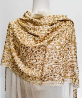 Tanaya Embroidered Wool Shawl. Collector's shawl. Gold & Ivory