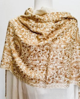 Tanaya Embroidered Wool Shawl. Collector's shawl. Gold & Ivory