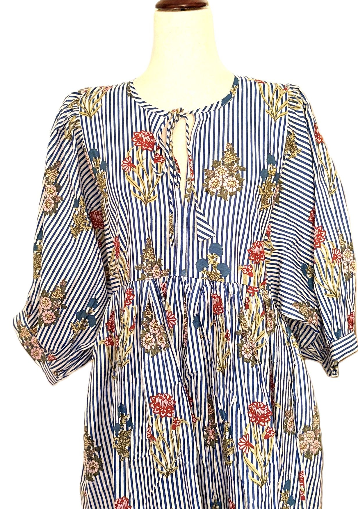 Dresses: Bouquets And Stripes Cotton Midi Is A New Spin  (Navy)