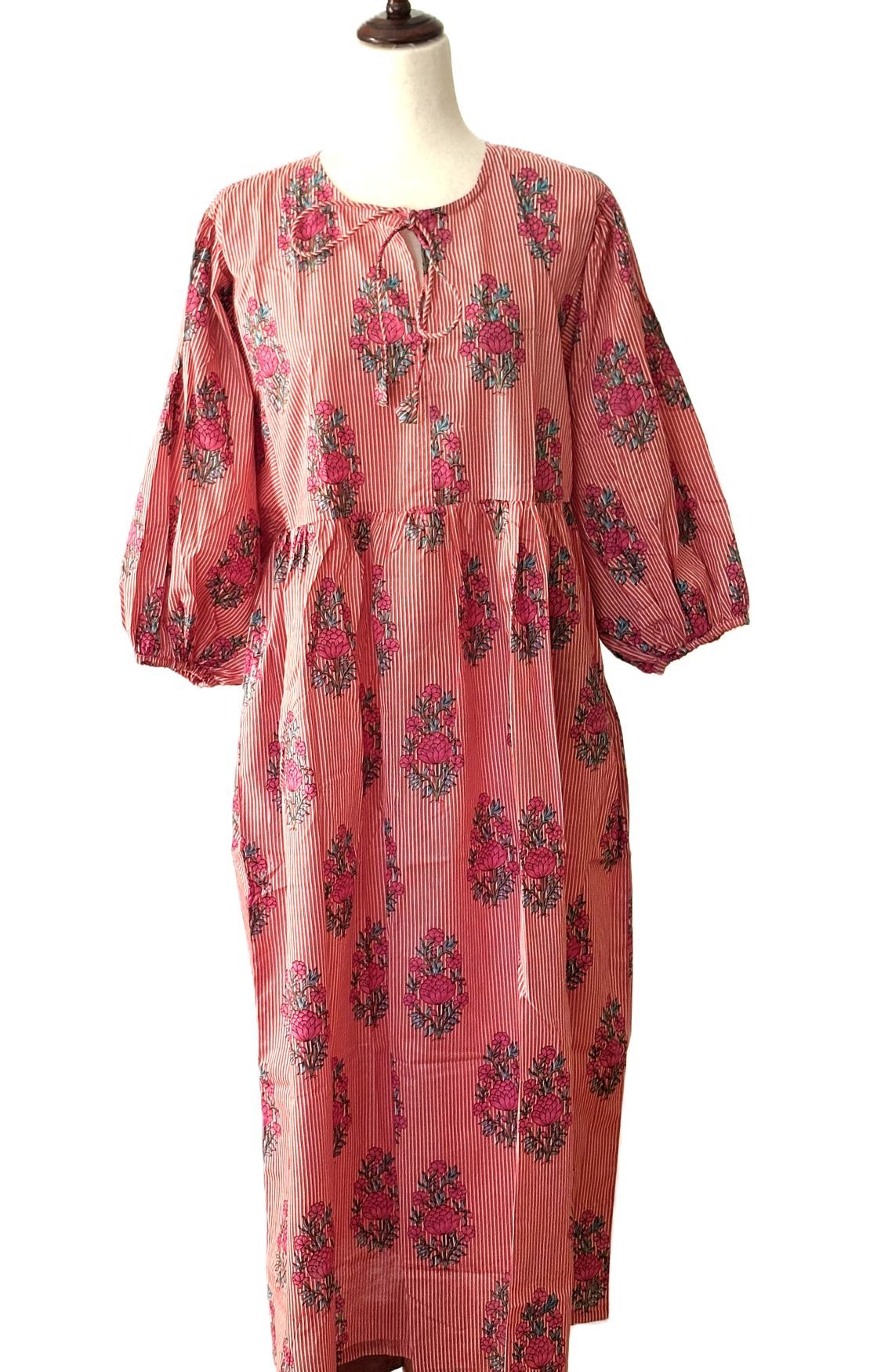 Dresses: Bouquets And Stripes Cotton Midi Is A New Spin  (Red)