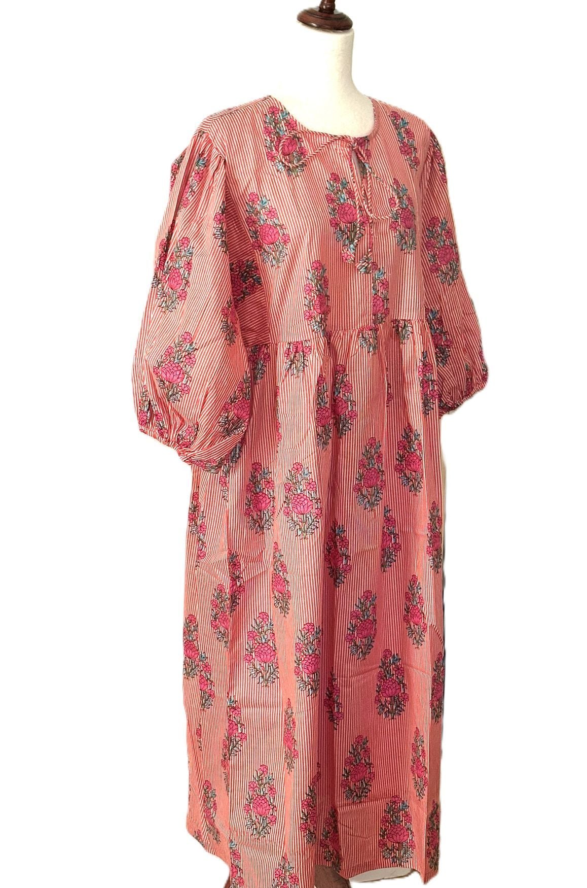 Dresses: Bouquets And Stripes Cotton Midi Is A New Spin  (Red)