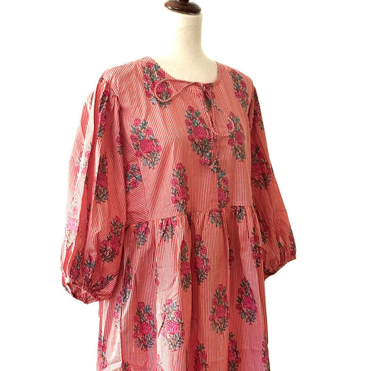 Dresses: Bouquets And Stripes Cotton Midi Is A New Spin  (Red)