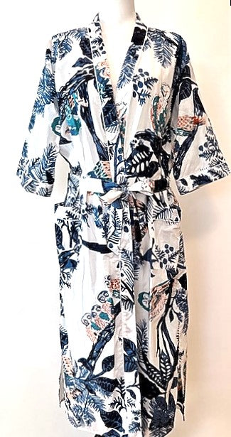 Short Kimono Cotton Robe Makes A Great Coverup. Tropical Bird of Paradise Print.