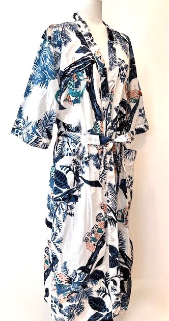 Short Kimono Cotton Robe Makes A Great Coverup. Tropical Bird of Paradise Print.