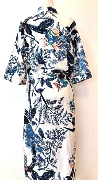 Short Kimono Cotton Robe Makes A Great Coverup. Tropical Bird of Paradise Print.