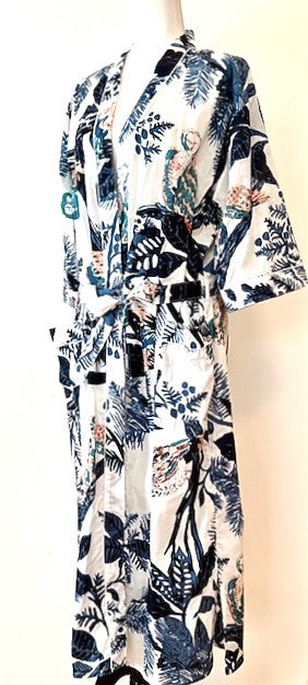 Short Kimono Cotton Robe Makes A Great Coverup. Tropical Bird of Paradise Print.