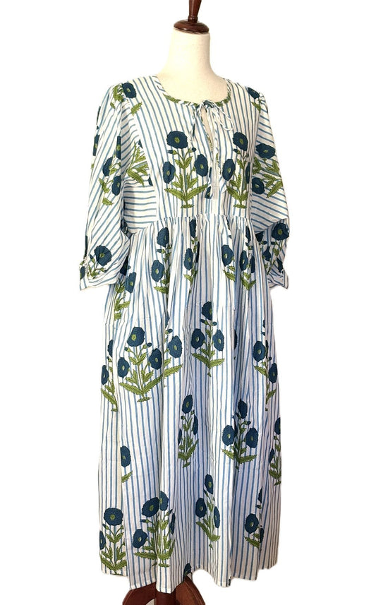 Dresses: Cotton Block Print Midi Is Delightful In Blue Stripe Floral