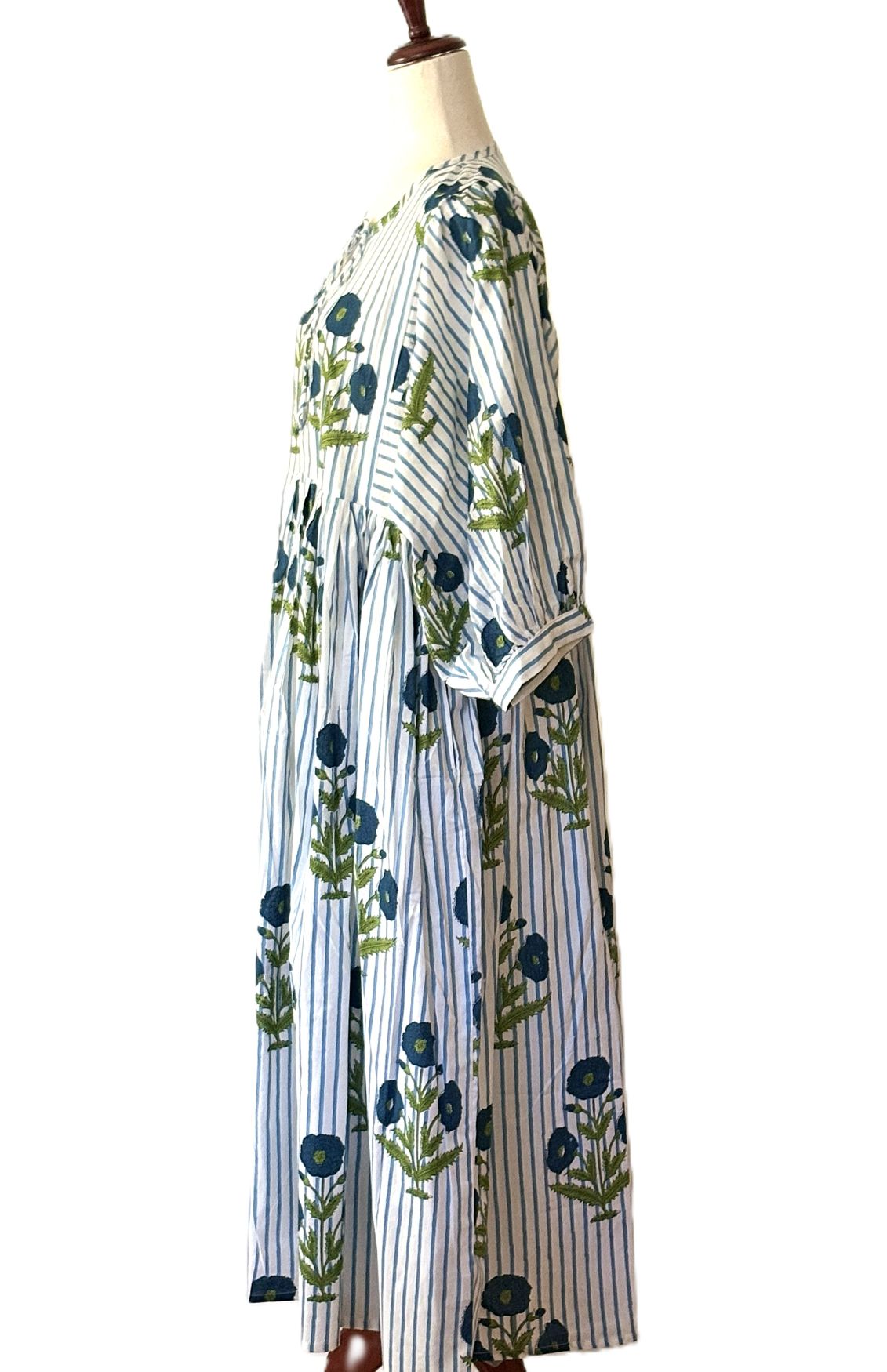 Dresses: Cotton Block Print Midi Is Delightful In Blue Stripe Floral