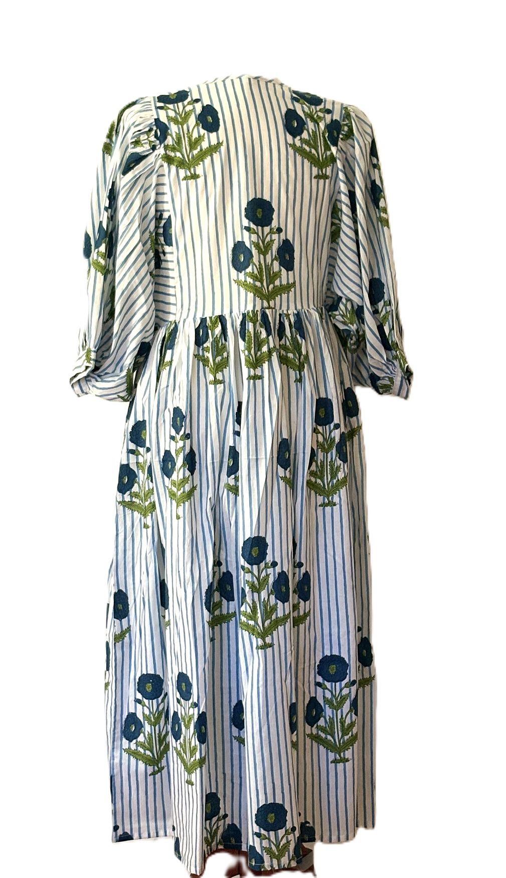 Dresses: Cotton Block Print Midi Is Delightful In Blue Stripe Floral
