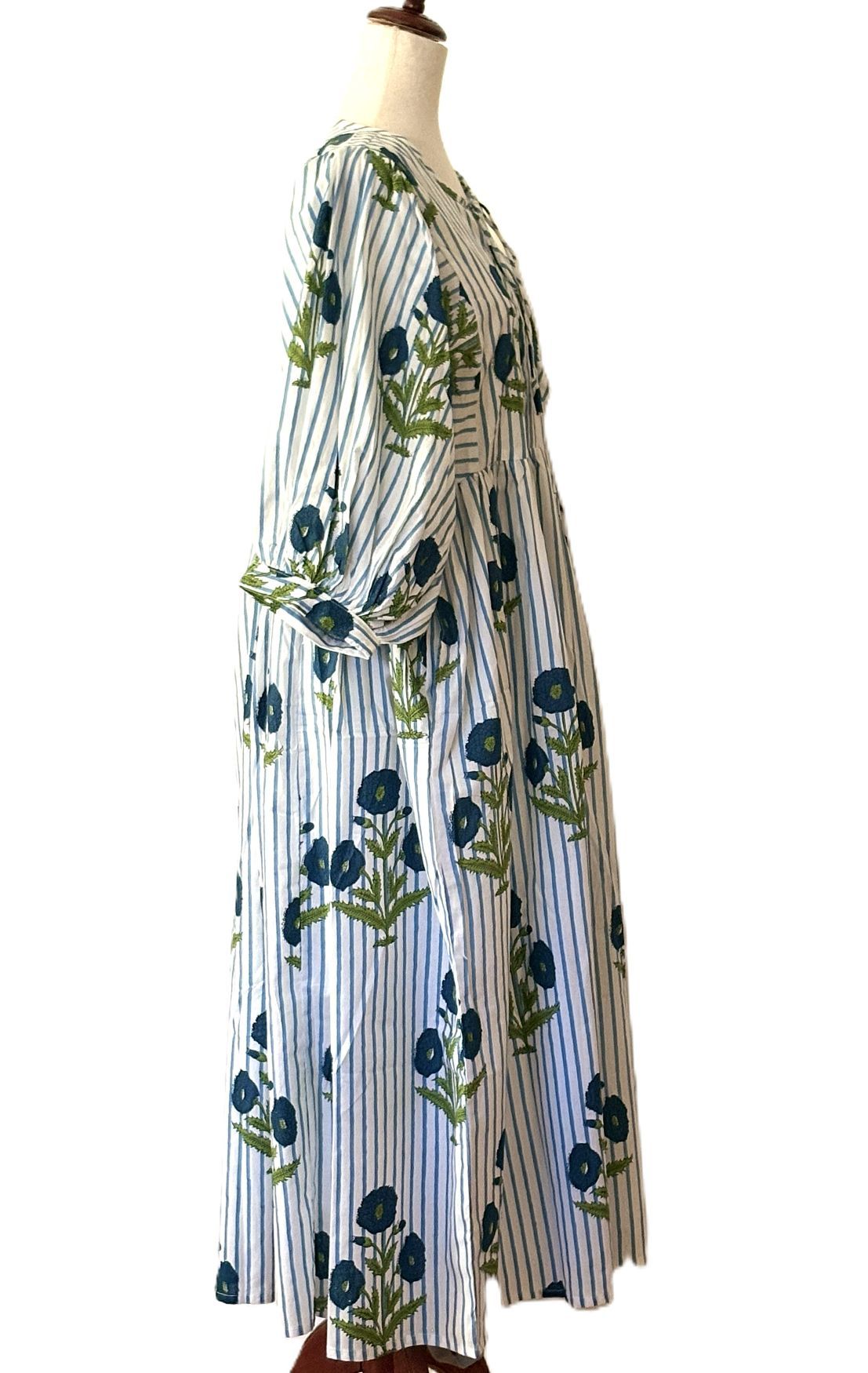 Dresses: Cotton Block Print Midi Is Delightful In Blue Stripe Floral