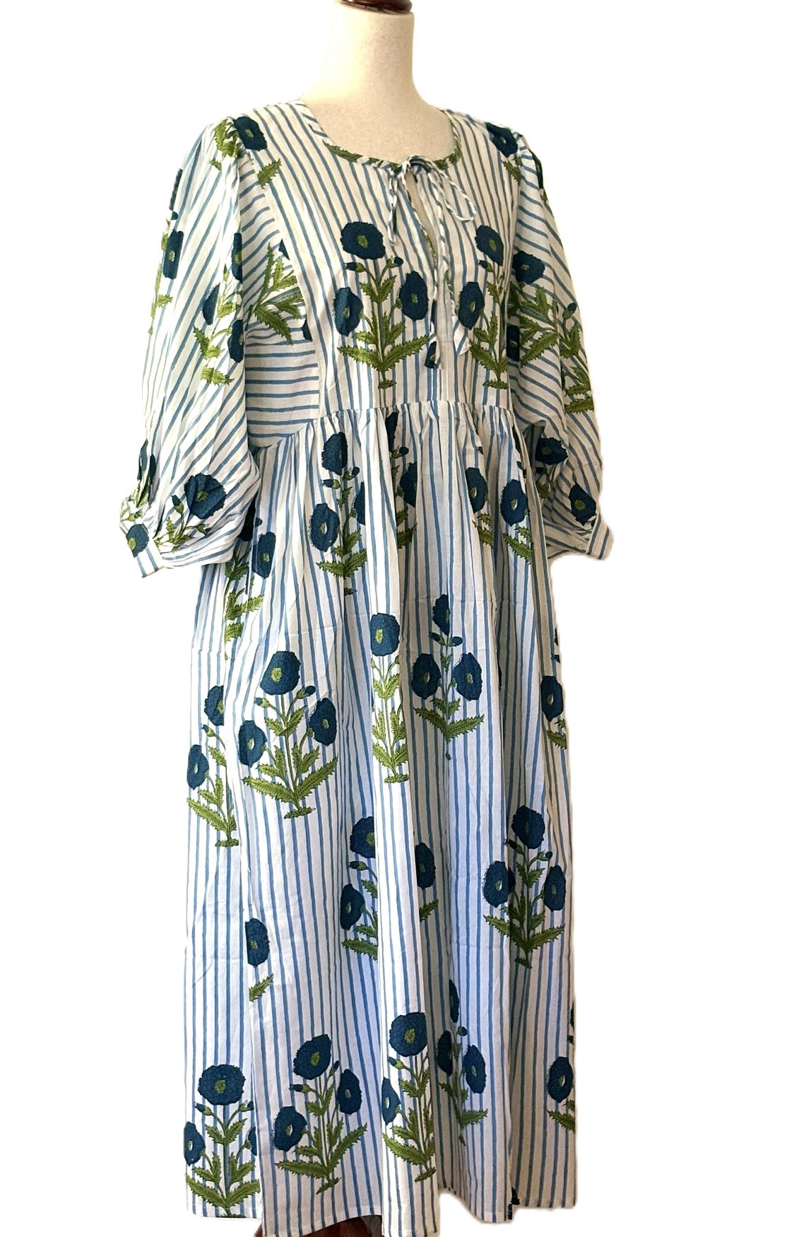 Dresses: Cotton Block Print Midi Is Delightful In Blue Stripe Floral