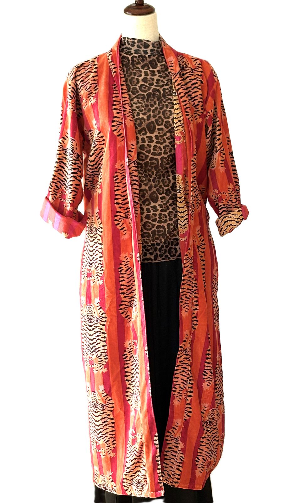 Luxurious Velvet Kimono Duster,  An Everyday Favorite In Orange and Pink. ( Animal)