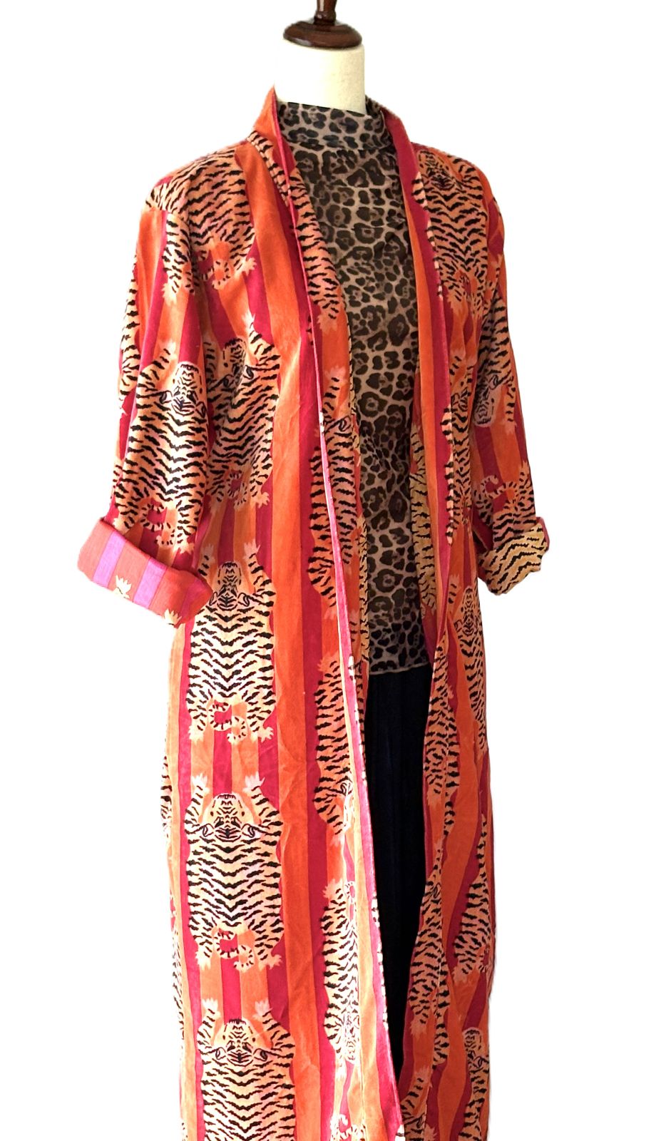 Luxurious Velvet Kimono Duster,  An Everyday Favorite In Orange and Pink. ( Animal)