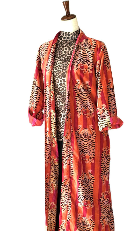 Luxurious Velvet Kimono Duster,  An Everyday Favorite In Orange and Pink. ( Animal)