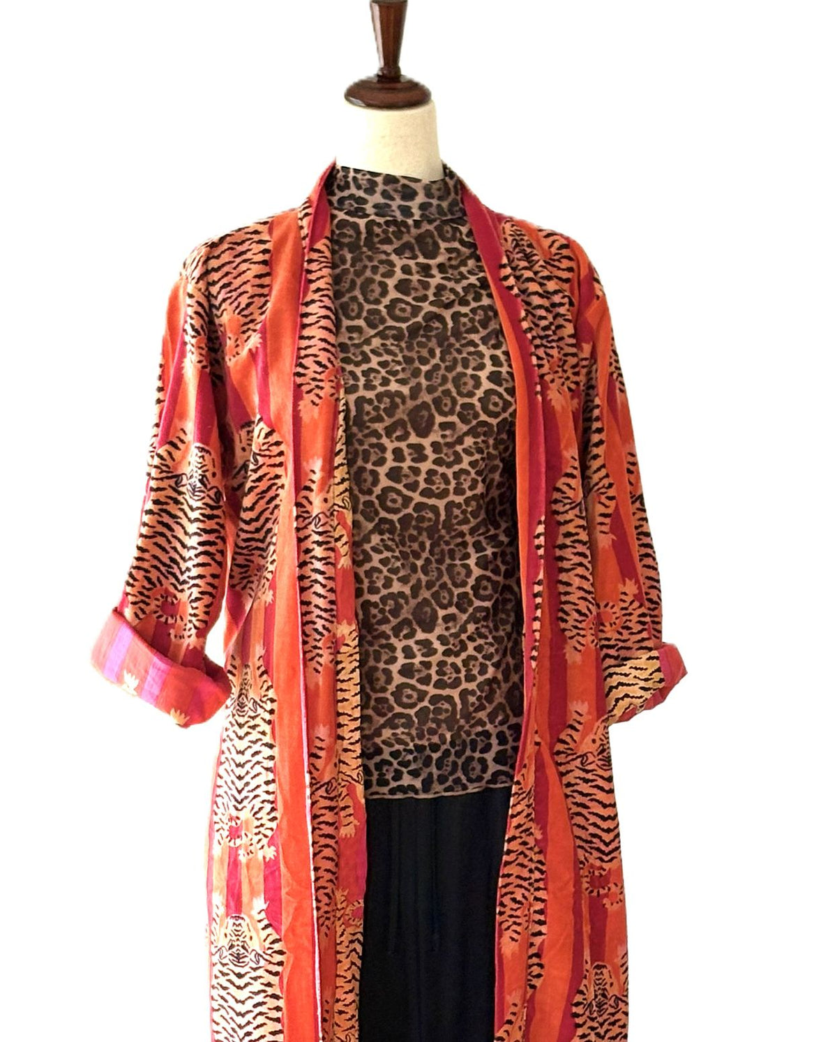 Luxurious Velvet Kimono Duster,  An Everyday Favorite In Orange and Pink. ( Animal)