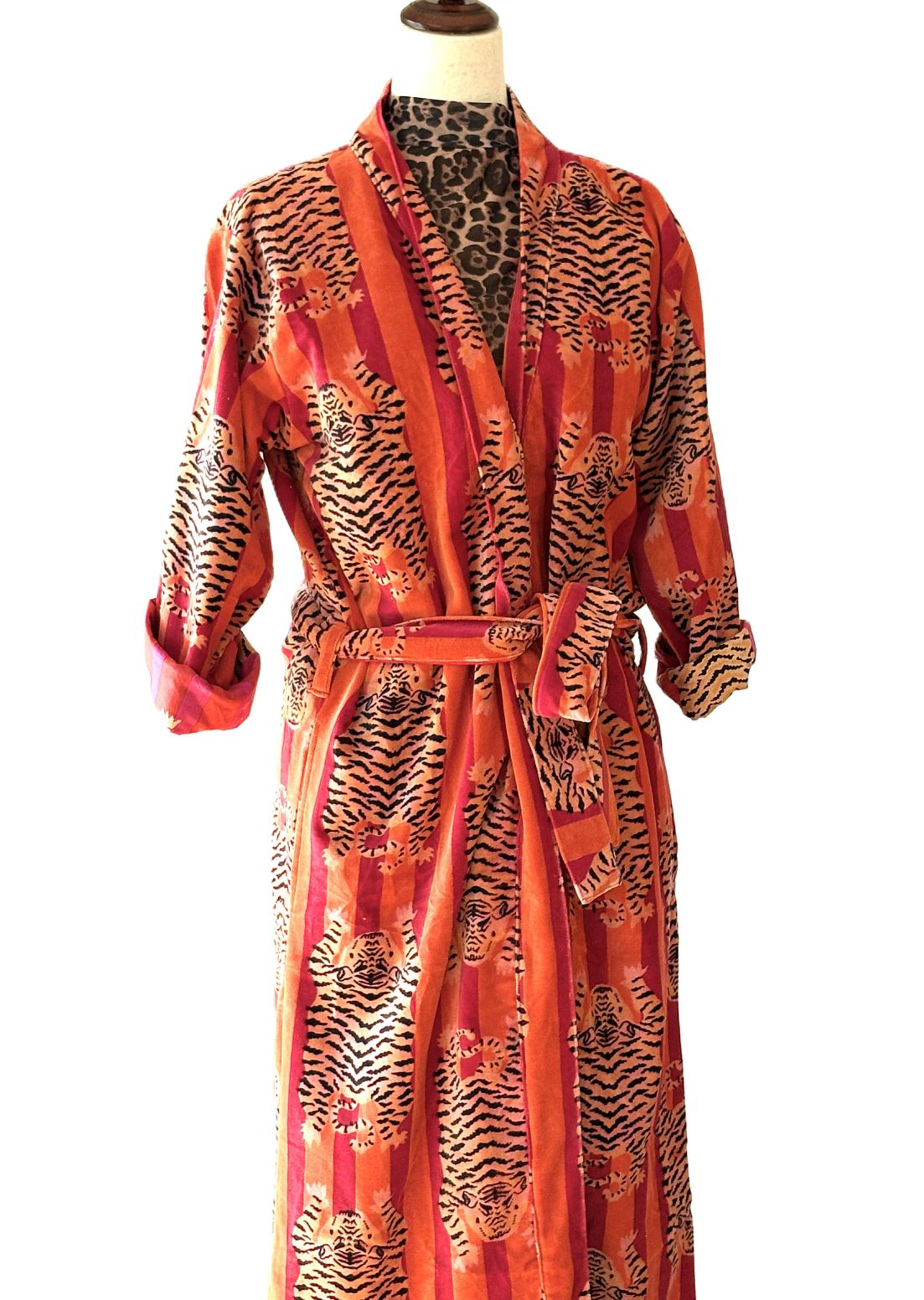 Luxurious Velvet Kimono Duster,  An Everyday Favorite In Orange and Pink. ( Animal)