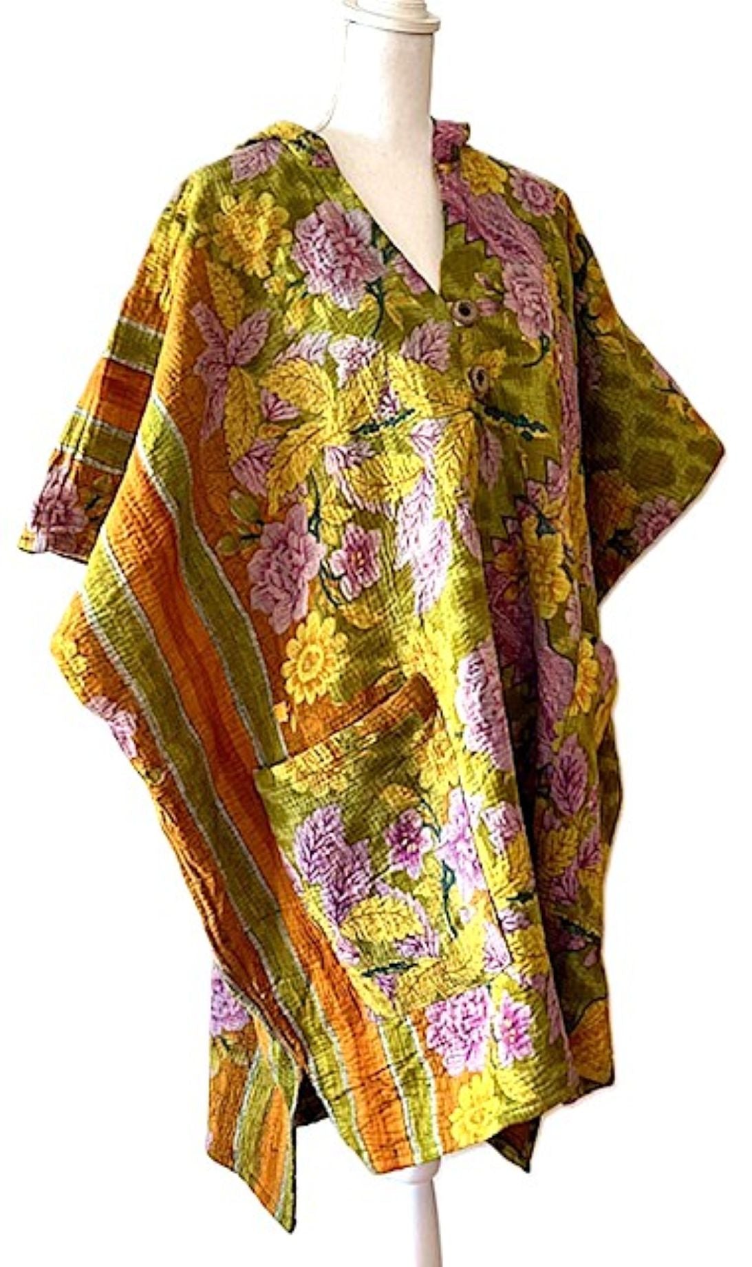 Kantha Bae Peace and Love Poncho, Versatile (Floral Olive)