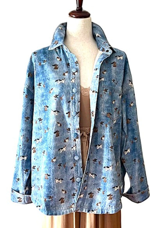 Top:  "Gone To The Dogs" Lightweight Denim Shacket Printed With Dogs. Adorable.