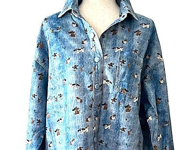 Top:  "Gone To The Dogs" Lightweight Denim Shacket Printed With Dogs. Adorable.