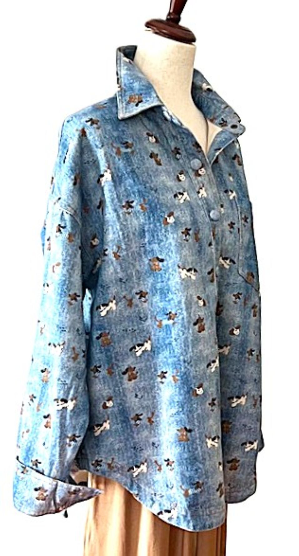 Top:  "Gone To The Dogs" Lightweight Denim Shacket Printed With Dogs. Adorable.