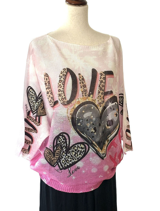Italian Knit Sweater, Graffiti Art Love Sweater (Pink)