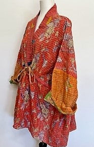 Gorgeous Open Kantha Embroidered Jacket Fully Reversible (Red/Green Mix)